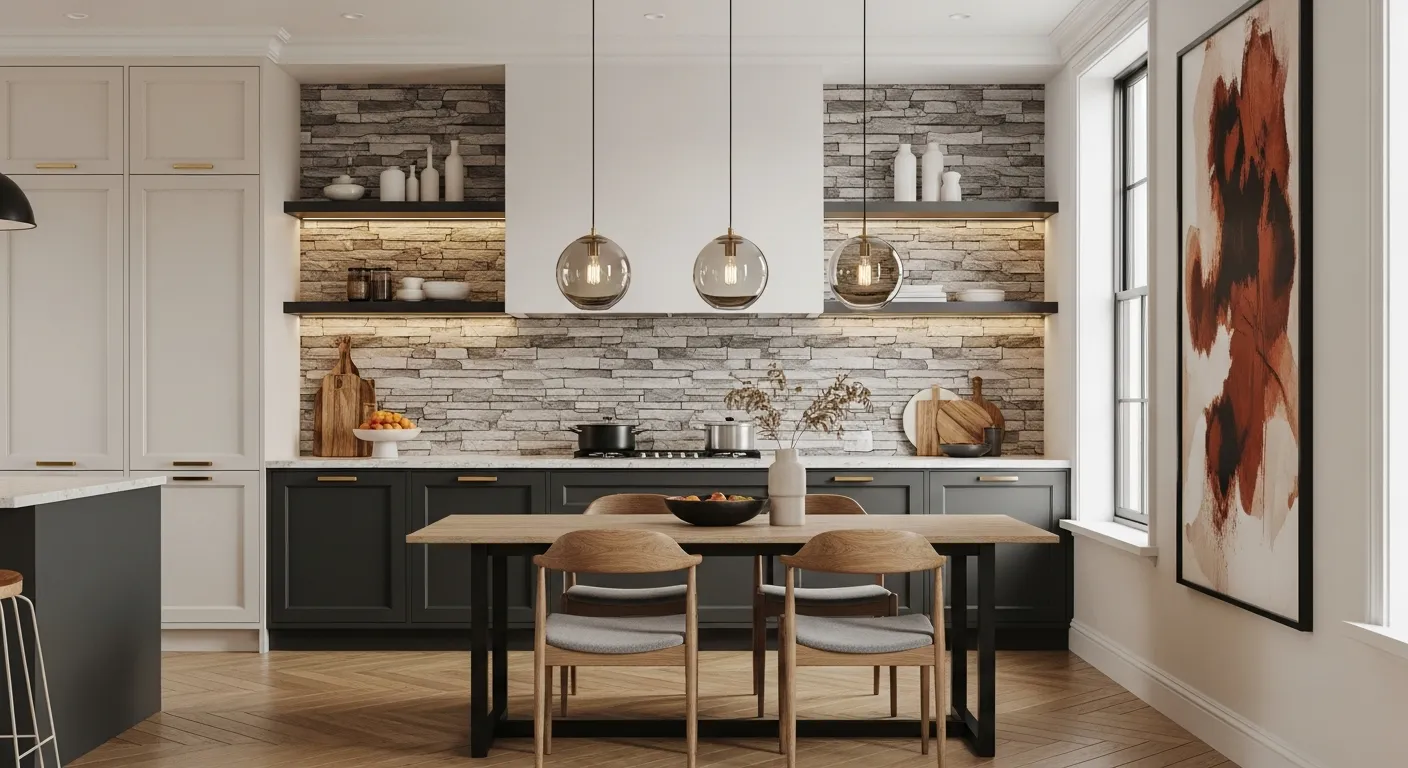 Adhésif mural cuisine effet pierre naturelle sur mur d'accent